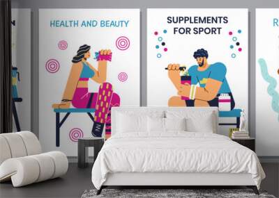 Sport nutrition and supplements for athletic people, posters set - flat vector illustration. Wall mural