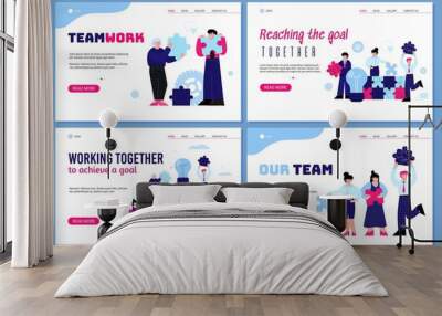 Teamwork banner set with business team holding puzzle pieces Wall mural