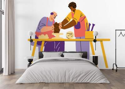 Vector illustration with a man sculpting a clay sculpture and a female sculptor helping. Wall mural