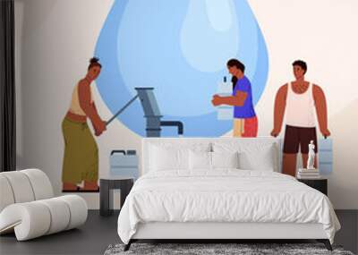 Water waste attention poster, people filling tap water from the pump - flat vector illustration. Wall mural