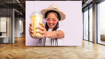 afro black woman with braids with a milkshake. summer concept Wall mural