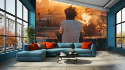 person looking a grnge city sunset Wall mural