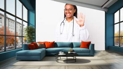 young adult black woman smiling and looking friendly, showing number five. physician concept Wall mural