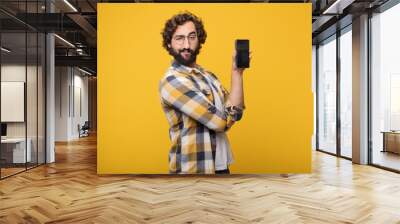 young crazy mad man  fool pose with a smart mobile telephone Wall mural