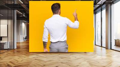 young handosme man standing and pointing to object on copy space, rear view against flat color wall Wall mural