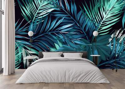 Green palm leaf pattern on a dark background. Generated AI. Illustration for design, poster or print. Wall mural