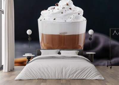 Hot chocolate with whipped cream and cinnamon in a tall glass on a dark background. Front view and copy space Wall mural