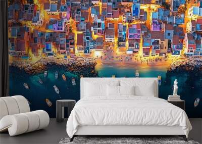 A Coastal Town at Dusk, with Boats Anchored in the Tranquil Waters Wall mural