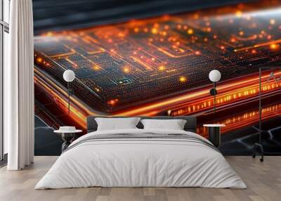 A futuristic circuit board with glowing orange lines and dots, representing the intricate workings of technology Wall mural