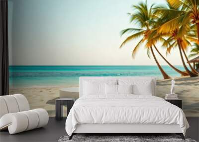 A pristine white platform rests on the soft sand, framed by the vibrant blue ocean and the gentle sway of palm trees. Wall mural