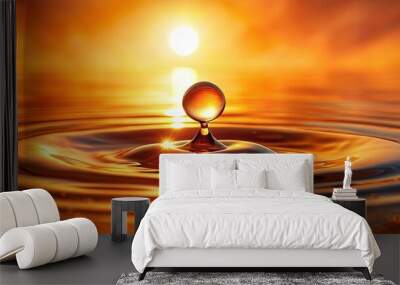 A single droplet of water creates concentric ripples on a golden surface, bathed in the glow of a setting sun. Wall mural