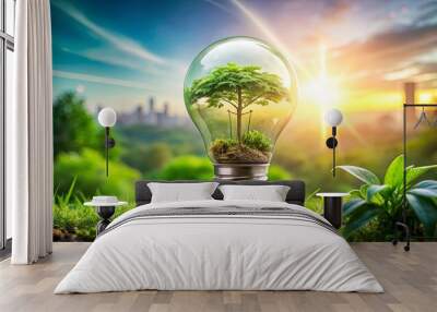 A vibrant green tree flourishes inside a clear glass bulb, symbolizing a hopeful future for a greener environment. Wall mural