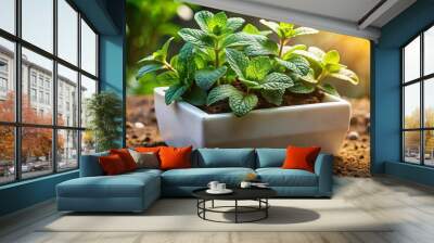 A Vibrant Patch of Mint Plants Flourishing in a White Planter, Bathed in Warm Sunlight, Nestled Among the Earth Wall mural