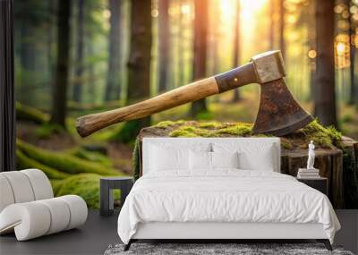 A weathered axe resting on a mossy stump in a rustic forest setting Wall mural