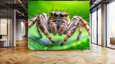 Close-up of a jumping spider on a vibrant green plant in the wild Wall mural