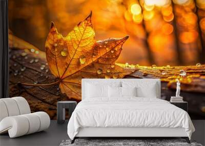 Close-up of a rain-soaked leaf on tree trunk in orange light Wall mural