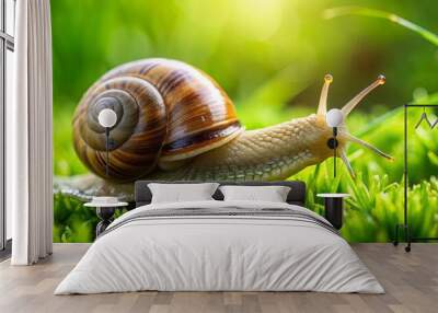 Close-up of a snail crawling on a lush green grass blade Wall mural