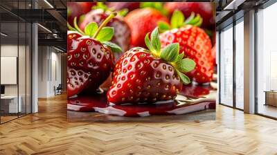 Close-up shot of fresh strawberries with sweet red syrup drizzled over them, vibrant and appetizing Wall mural