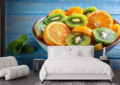 Colorful fruit bowl with perfectly sliced oranges and kiwis, a vibrant and healthy snack option for any occasion Wall mural