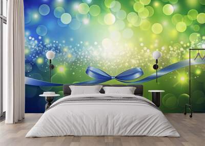 Crisp gradient ribbon patterns with glimmering lights on soft lime to deep cobalt backdrop Wall mural