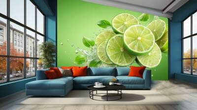 Fresh limes water explosion in a light green background, limes, water, explosion, fresh, citrus, green, drink, refreshment Wall mural