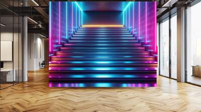 Futuristic neon steps glowing in abstract lighting for modern designs, neon, steps, abstract, lighting, futuristic, modern Wall mural