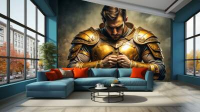 Hero adjusting golden armor straps before battle, hero, tension, armor, straps, adjustment, warrior, warrior costume, golden Wall mural