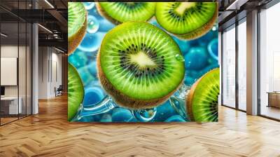 Macro close up of fresh kiwi slices floating in clear water, showcasing the vibrant green colors of the tropical fruit Wall mural