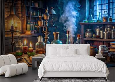 Mystical alchemist's workshop with ancient books, potions, and magical tools Wall mural