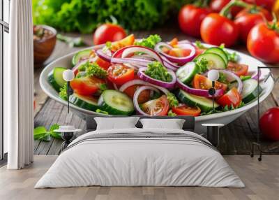 Plate of fresh vegetable salad with tomatoes, cucumbers, and onions, a healthy and organic vegetarian meal option Wall mural