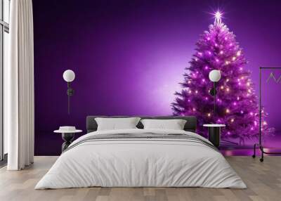 Purple christmas tree with lights on purple background for festive celebration Wall mural