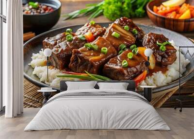 Savory and sweet braised short ribs in Korean sauce with vegetables and rice Wall mural