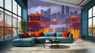 Two Container Ships Navigate a City Skyline at Dusk Wall mural