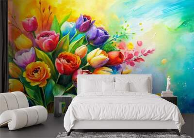 Vibrant bouquet of flowers painted with bold brush strokes on a decorative background poster Wall mural