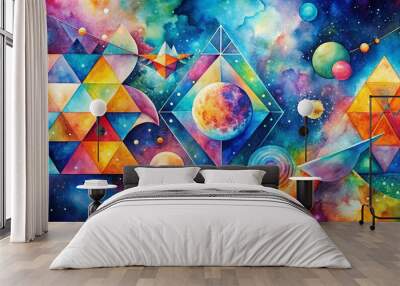 Vibrant watercolor cosmic abstract art with colorful geometric shapes and patterns Wall mural