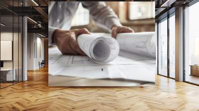 a close up shot of a male hand holding a rolled architectural blueprint Wall mural