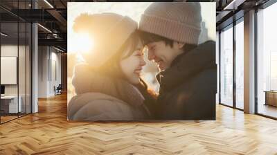 Cinematic photo of a young Japanese couple in love, woman with long dark hair and man with short hair looking at each other closely smiling happily Wall mural