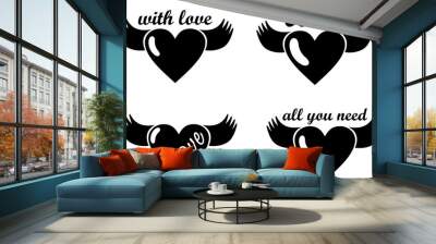 Hearts with Wings and love inscription set Wall mural