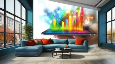 Hand holding a sleek tablet displaying a colorful financial graph with upward arrows, with abstract data visualization elements in the background Wall mural