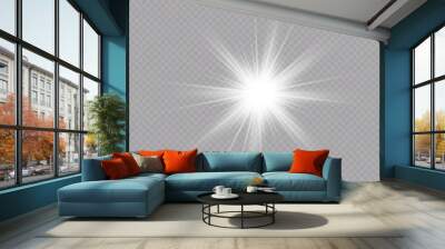  Explosion sun. Star shining. Glow light effect. Vector illustration. White glowing light explodes on a transparent background   Wall mural