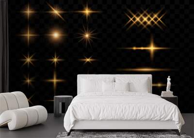 Light effect. Golden bright star, yellow sun. Starlight, glittering particles. Wall mural