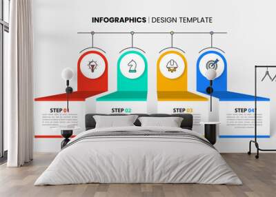 Infographic template. 4 boxes with text and icons in a circle Wall mural