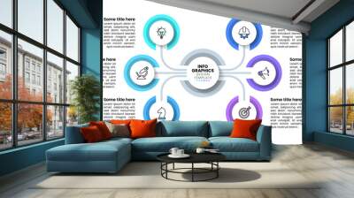 Infographic template. 6 connected circles to the center Wall mural