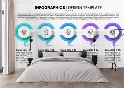 Infographic template. A line with 5 connected circles Wall mural