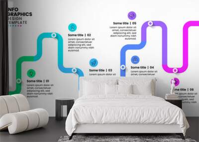 Infographic template. Abstract zigzag line with 6 steps Wall mural