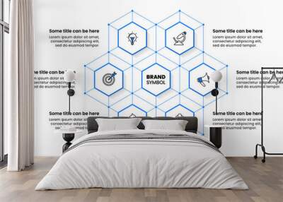 Infographic template. Blue hexagon with 6 steps and lines Wall mural