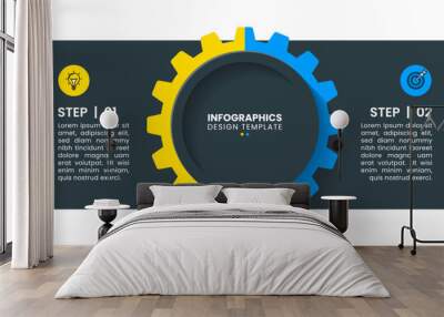 Infographic template. Gear with 2 steps and a title in the middle Wall mural