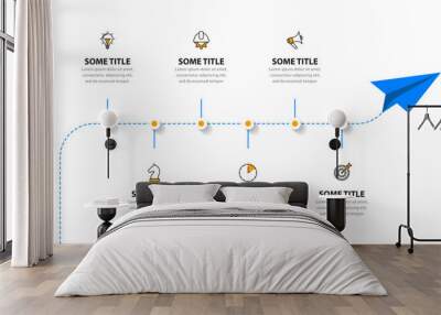 Infographic template. Paper plane with line and 6 steps Wall mural