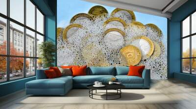 Money-laundering. Coin laundering in soapy water. The concept of tax evasion. Wall mural