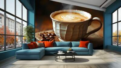 Steaming cup of latte with cinnamon on a wooden surface Wall mural